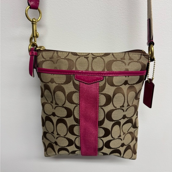 Coach Signature Brown and Pink Canvas Crossbody Bag - Picture 1 of 8